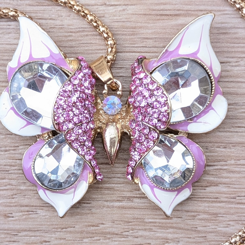 Betsey Johnson Pink and Gold Butterfly Pendant Necklace